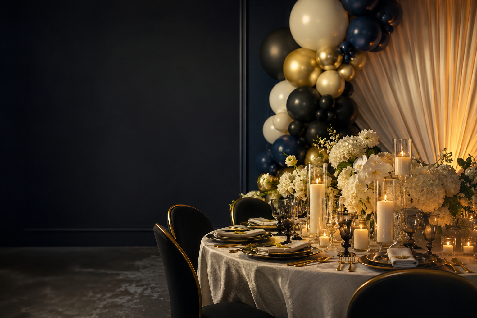 Navy-and-gold KTS event design with balloons, florals, candlelight, and table styling